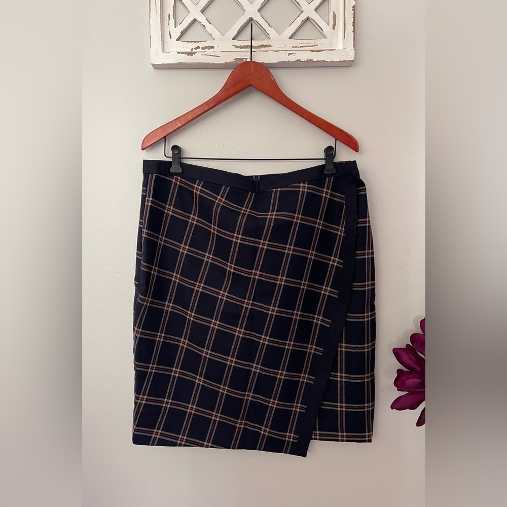 Brooks Brothers “346” Wool Plaid Faux Wrap Lined Skirt In Navy/Red/White Size 14